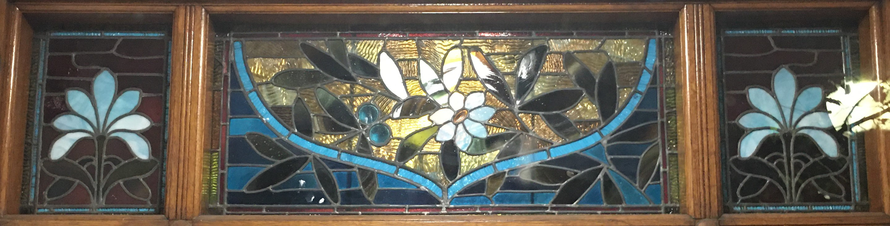 History of stained glass: Belcher Mosaic Co stained-glass windows from the  1880s.